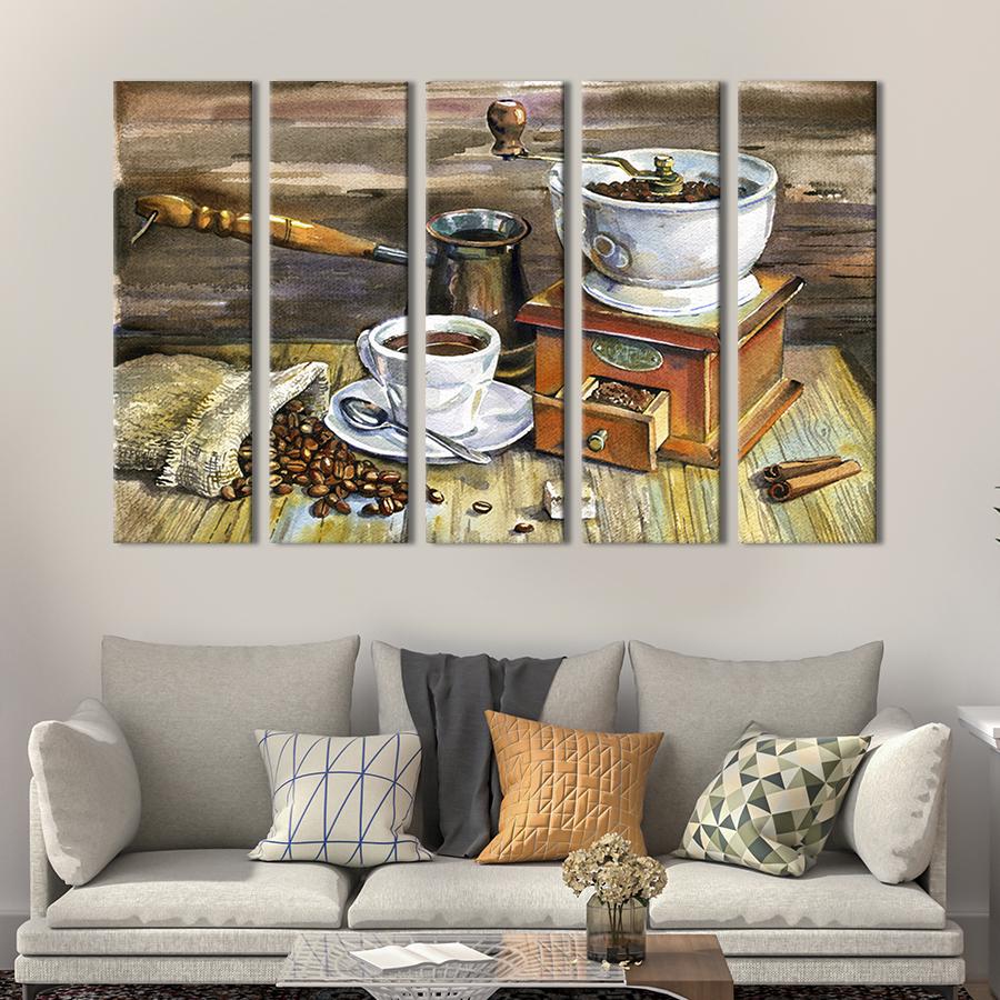 Модульна картина з 5 частин Стародавня кавоварка, турк та чашка кави 87x50 см (299-51)