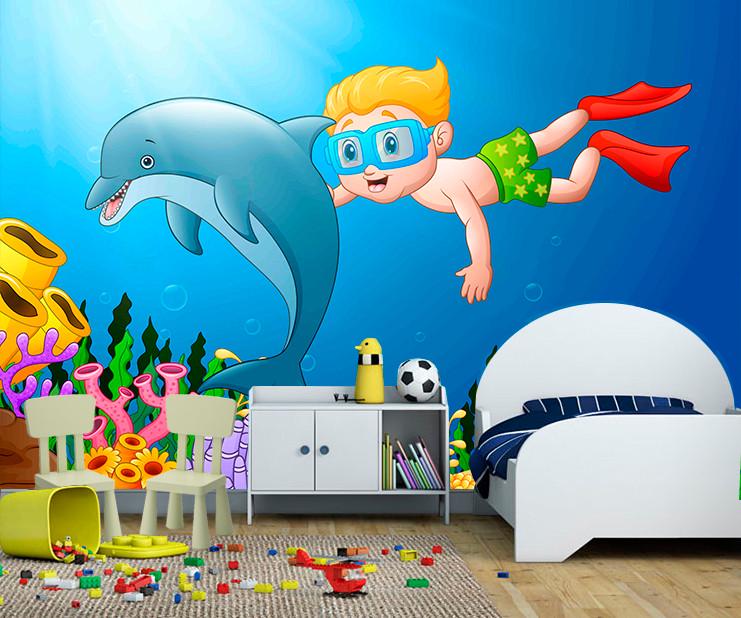 Фотообои 3D для детской комнаты Дельфин и мальчик