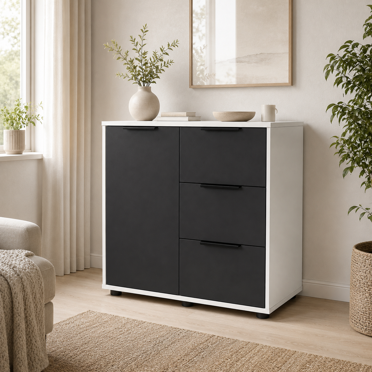Комод Elva 800x450x750 з шухлядами та полицями Антрацит/Білий (Elva AN/WH) Комод Elva 800x450x750 з шухлядами та полицями Антрацит/Білий (Elva AN/WH)