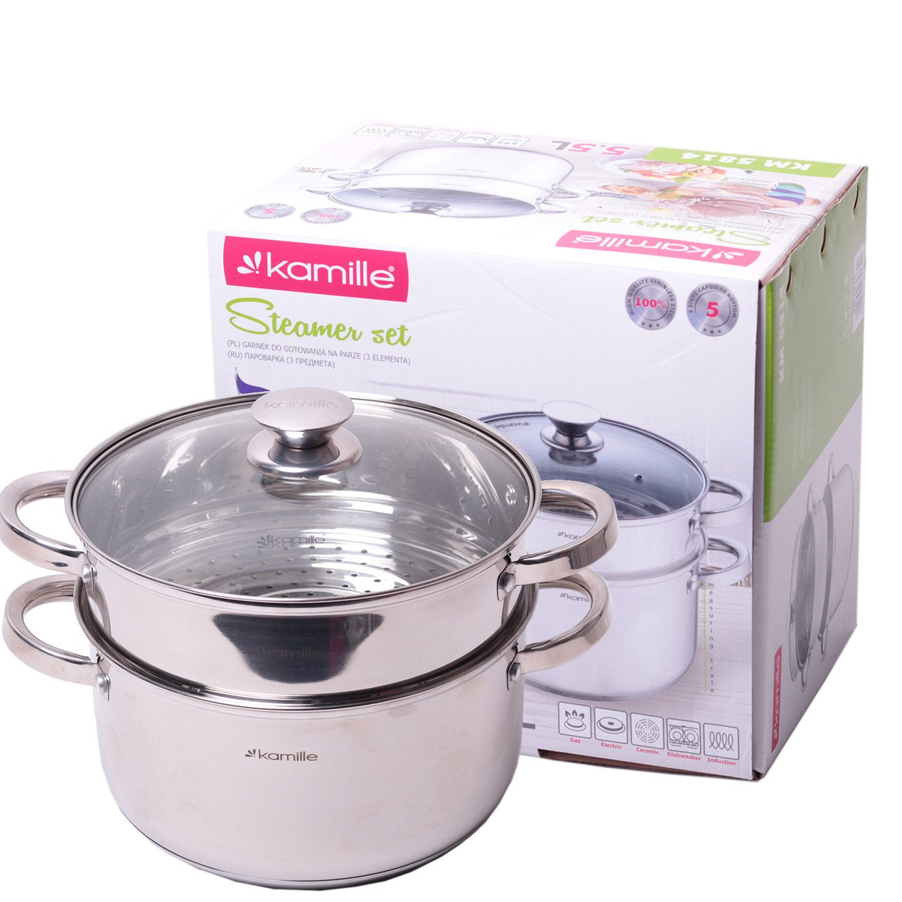 Пароварка одноуровневая Kamille 24 см из нержавеющей стали KM-5814