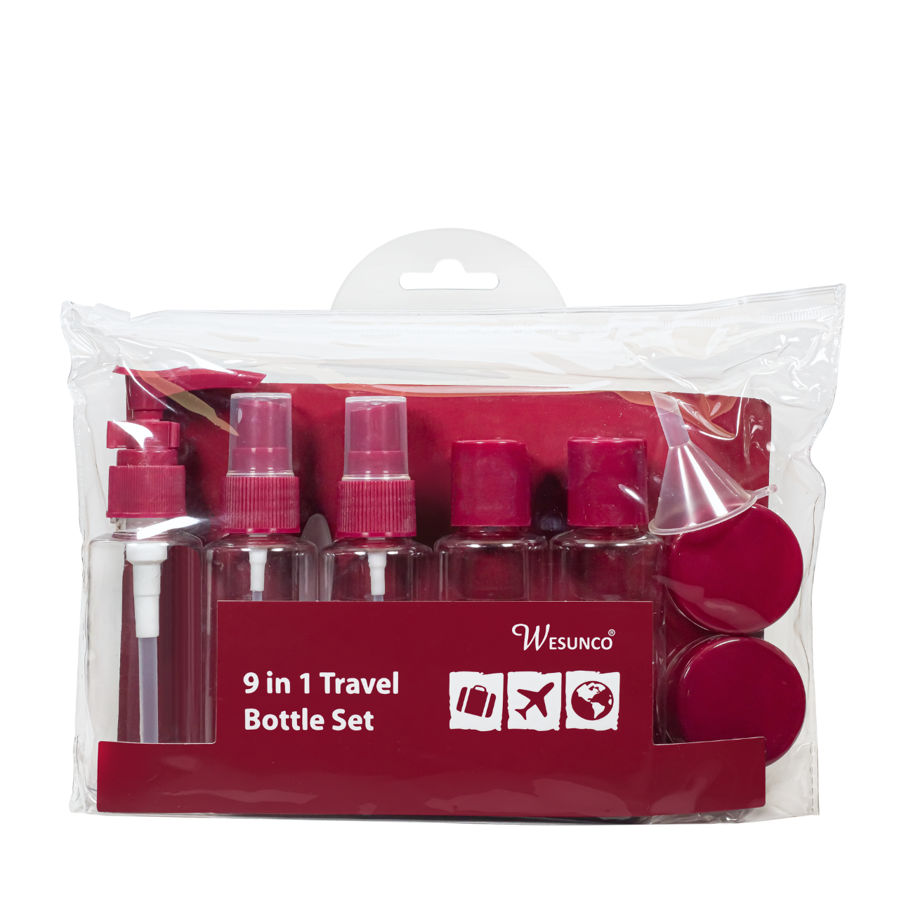 Набор флаконов для косметики и парфюмерии дорожный 9 предметов Бордовый Набор флаконов для косметики и парфюмерии дорожный 9 предметов Бордовый