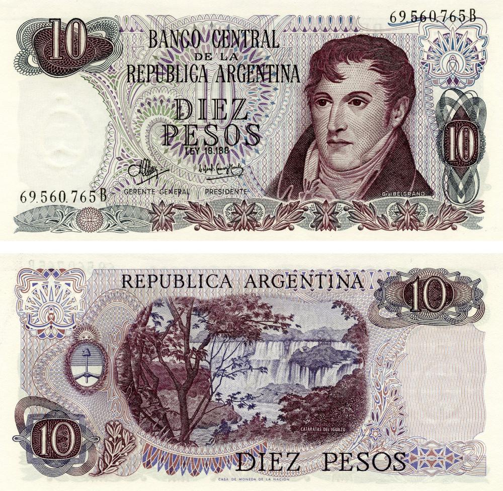 Коллекционная банкнота Аргентина 10 песо 1970-1973 UNC P289 (Б13123)