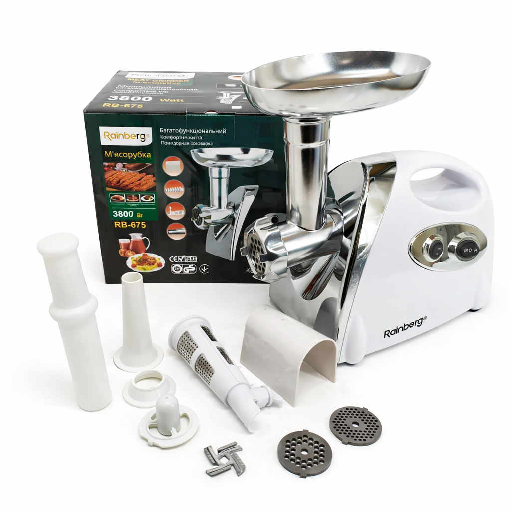 Электромясорубка Rainberg RB-675 с реверсом/3 решетки/соковыжималка и насадки для колбас/кеббе 3800 Вт (33501256)