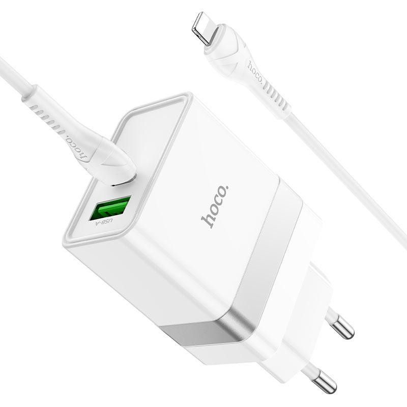 Сетевое зарядное устройство Hoco N21 USB+Type-C 3A 30W с быстрой зарядкой с кабелем Lightning Extension Speed 1 м Белый - фото 4