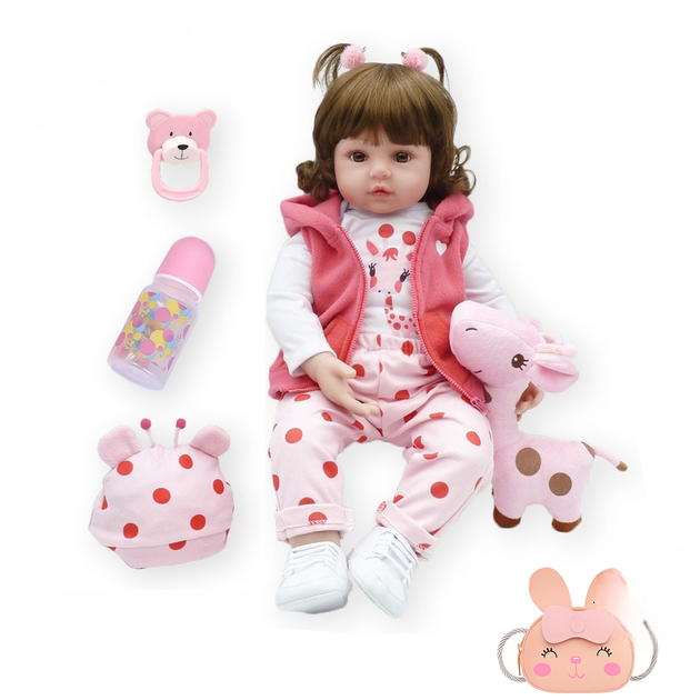 Лялька реалістична Reborn дівчинка жираф з аксесуарами/одягом та дитяча сумка 47 см (55279)