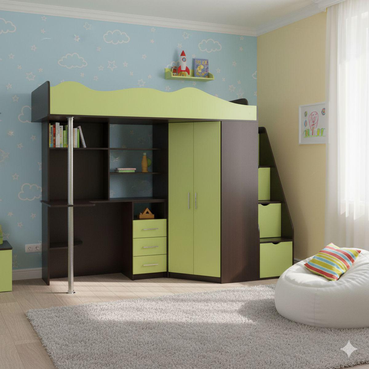 Кровать-чердак детский AiH Binky ДС37А правый с рабочей зоной/шкафом и ящиками 80х190 см Венге/Лайм (BK02050016000)