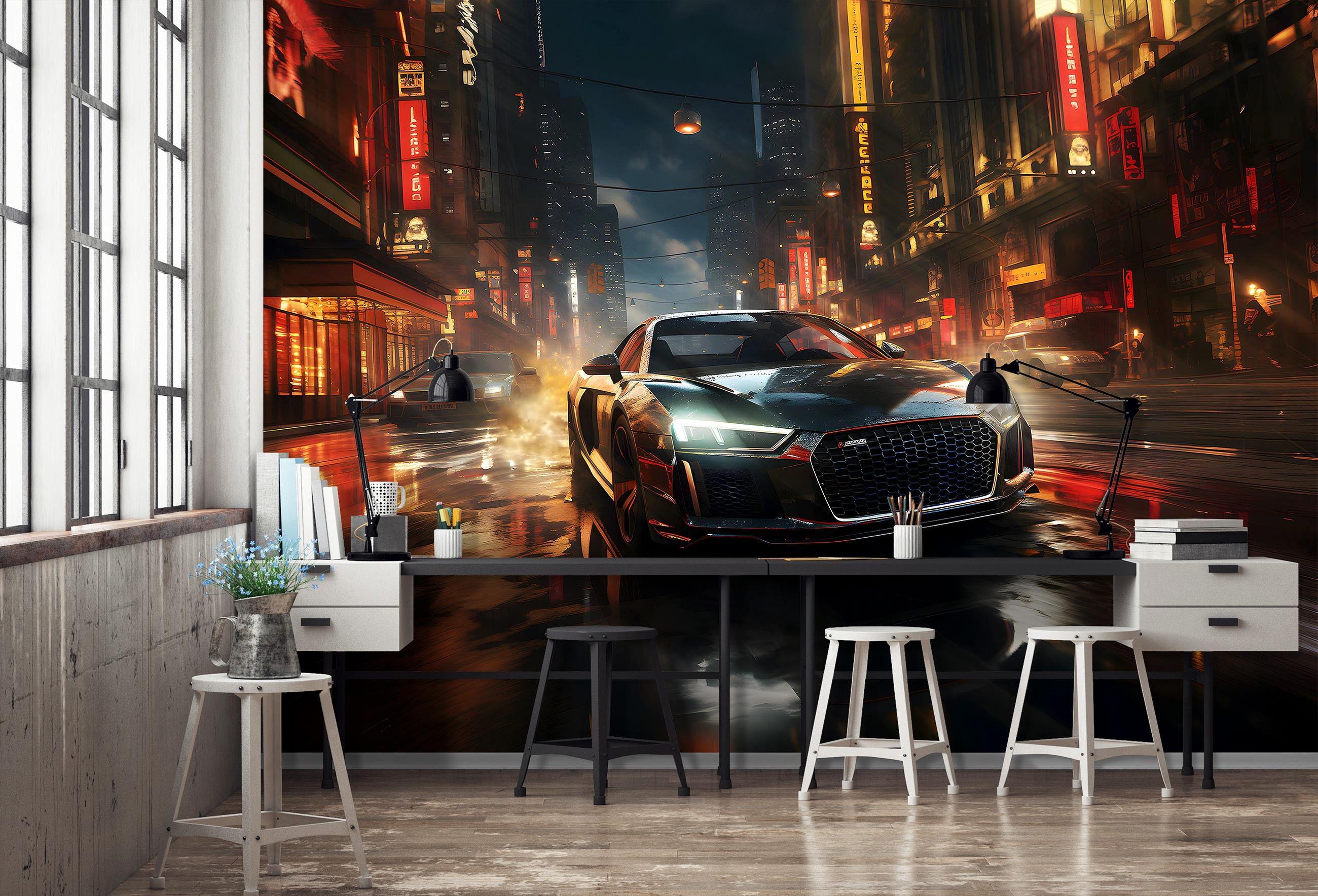 Фотошпалери флізелінові 3D Чорна машина у нічному місті з клеєм 368x254 см (14758V8) - фото 5