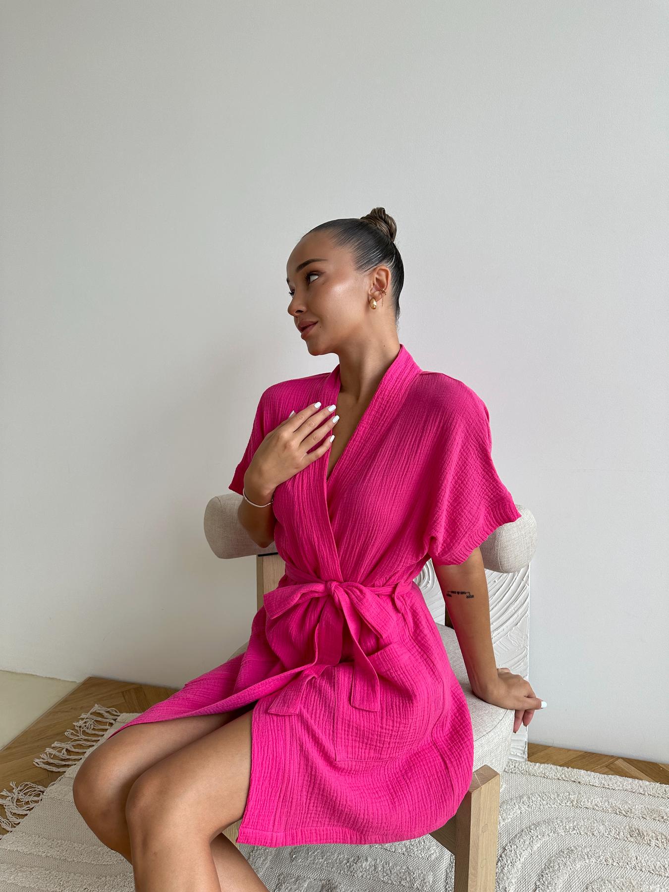 Халат женский COSY Hawaii из муслина S Малиновый (M22) - фото 5