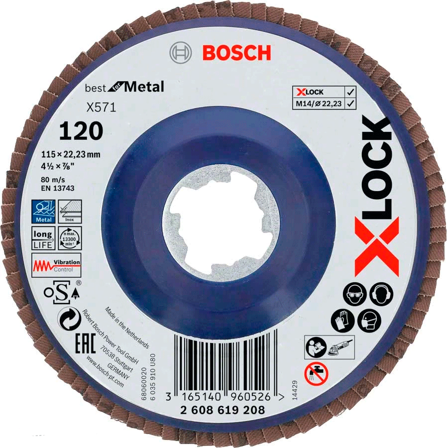 Шлифкруг лепестковый Bosch X571 Best for Metal 115 мм G120 прямой (2608619208) - фото 1