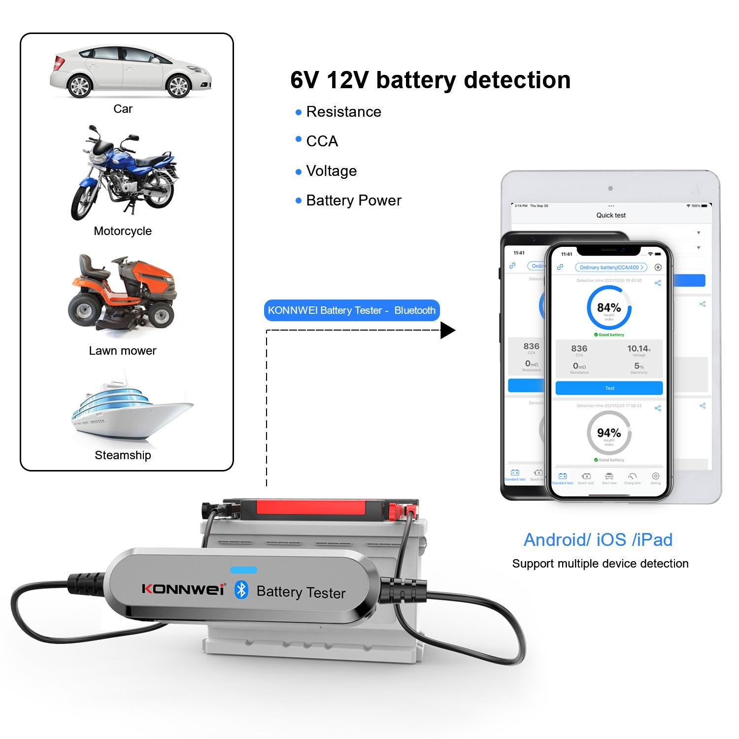 Тестер батарей Konnwei BK100 6v-12v з бездротовим підключенням до смартфону - фото 8