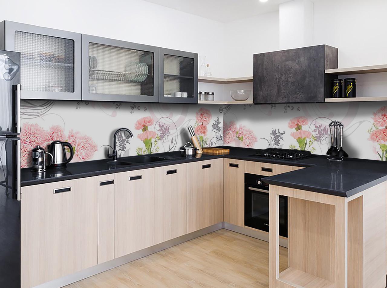 Кухонный фартук Розовые гвоздики из самоклеющейся виниловой пленки 60х250 см Серый