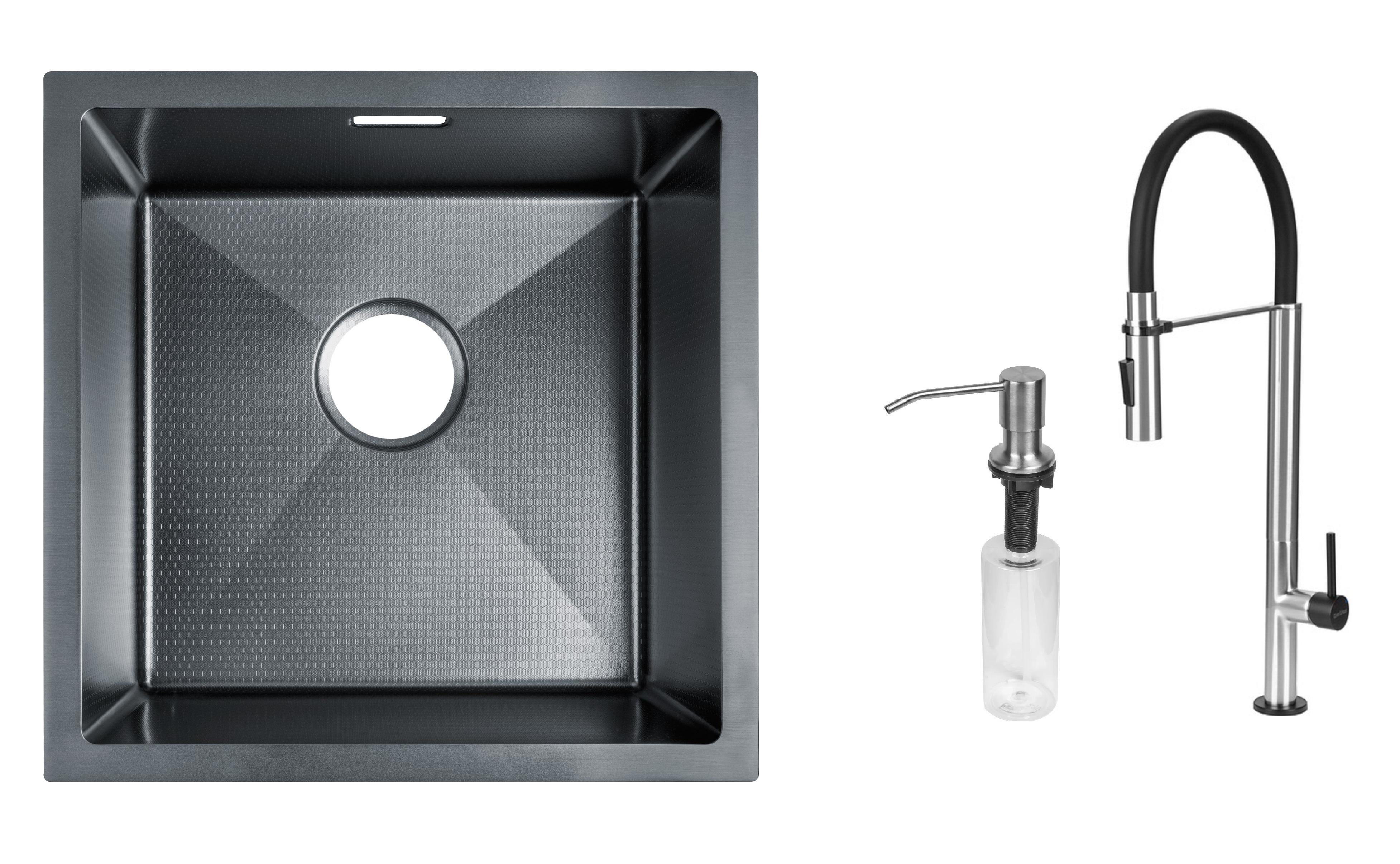 Комплект из кухонной мойки Gunter&Hauer Olef 4522 Black Honey кухонного смесителя Gunter&Hauer STERN Brush Black