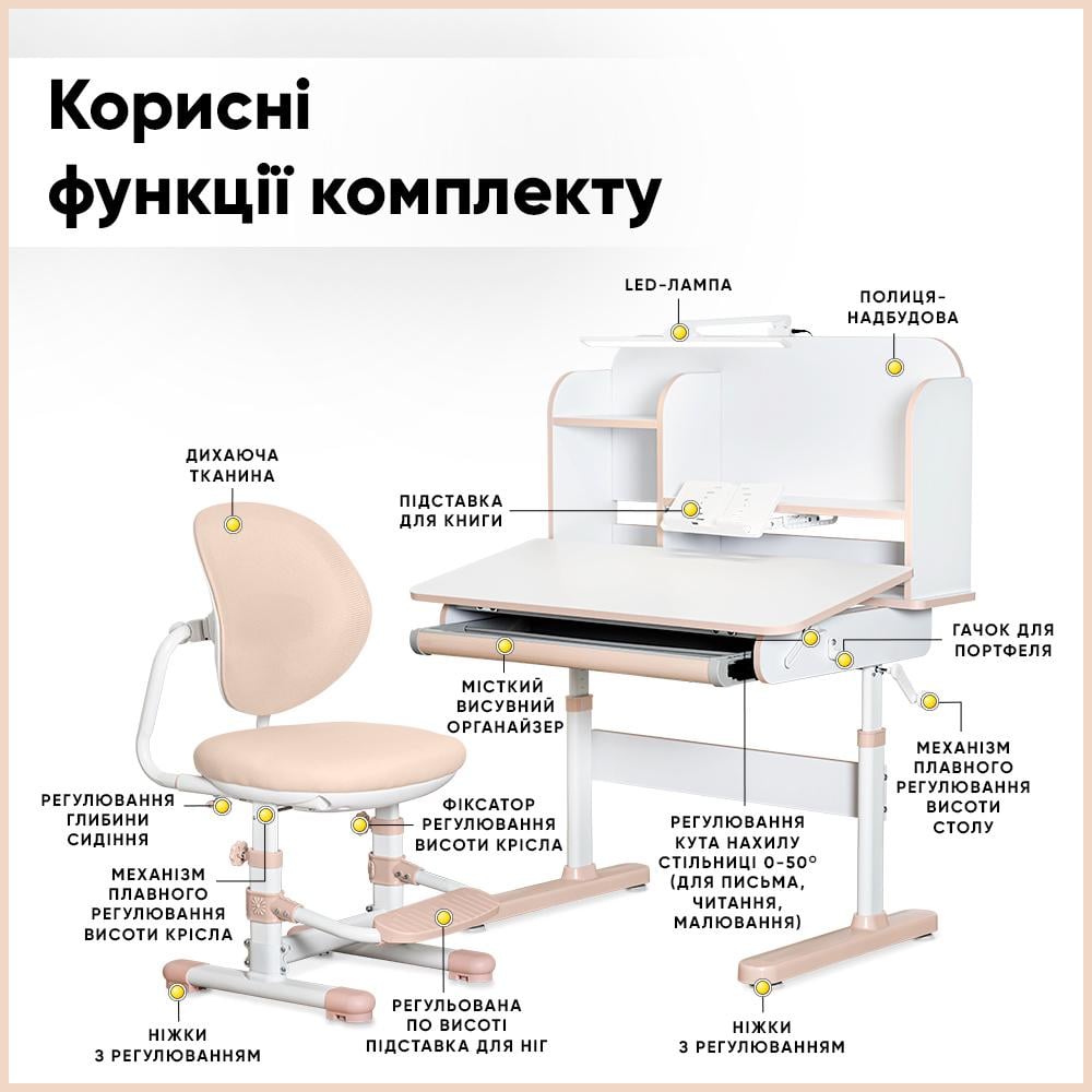 Парта детская школьная с креслом и лампой Mealux Nemo XL Персиковый (BD-39 PN) - фото 3 Парта детская школьная с креслом и лампой Mealux Nemo XL Персиковый (BD-39 PN) - фото 3