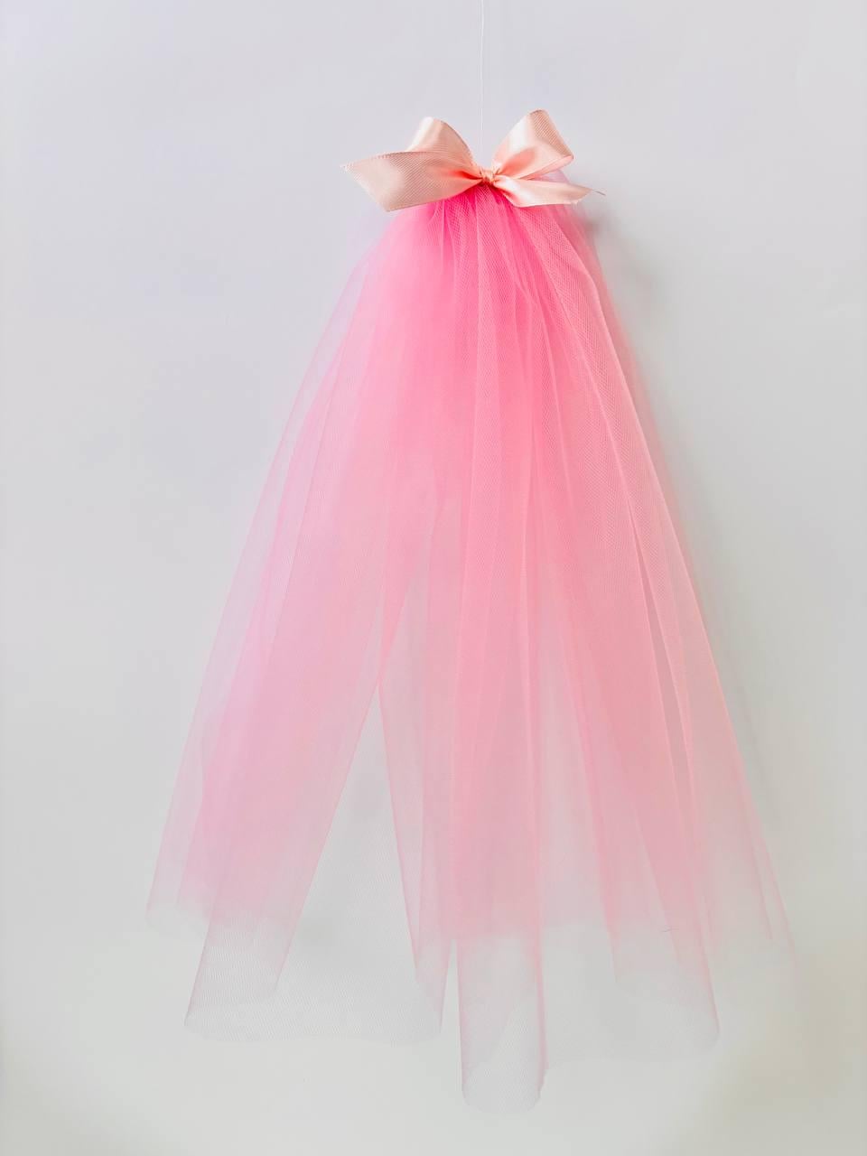 Фата для девичника с бантом на заколке 35 см Нежно-розовый (125)