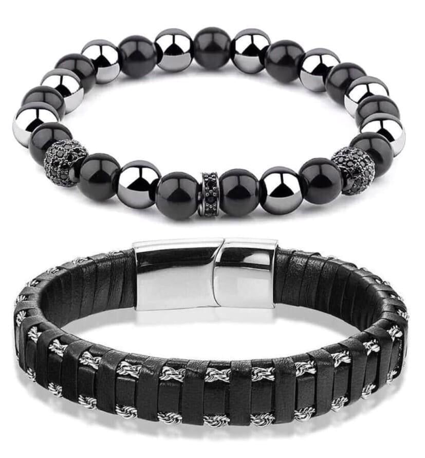 Комплект браслетів зі шкіри із застібкою та браслета з агату та гематиту з диском та кулями р. 16,5 (12090)