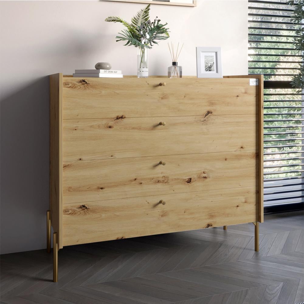 Комод с 4 ящиками Lion Wood с золотыми ножками 100х90х45 см Дуб Артизан (000-000-1936) Комод с 4 ящиками Lion Wood с золотыми ножками 100х90х45 см Дуб Артизан (000-000-1936)