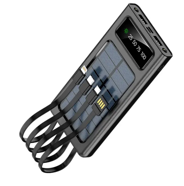 Повербанк на солнечной батарее 20000 mAh 4 встроенных кабеля Черный (21-3-08412)