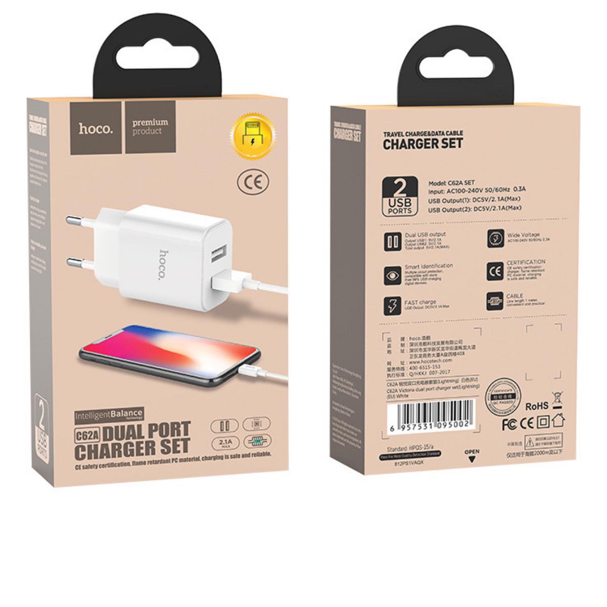 Мережевий зарядний пристрій Hoco C62A Victoria Lightning EU 2USB 2,1A White - фото 2