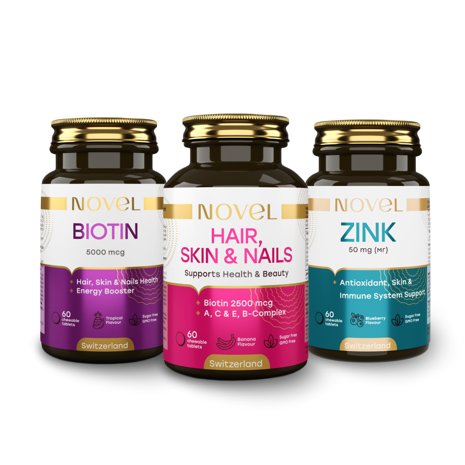 Мінерали Novel біотин 5000 мкг №60/волосся шкіра нігті №60/цинк 50 мг №60 жувальні 3 банки
