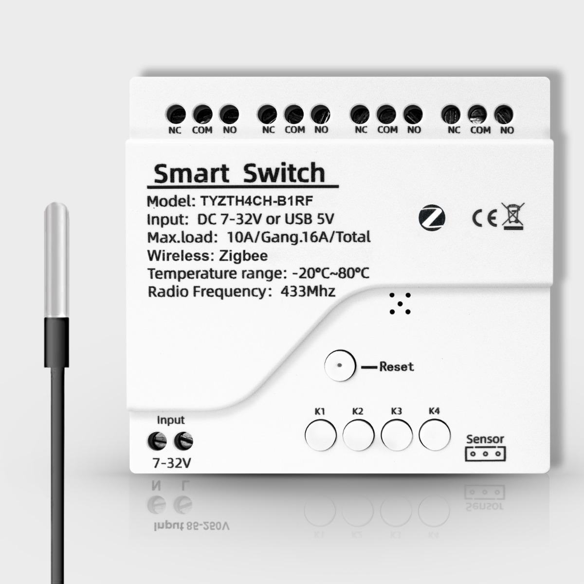 Реле четырехканальное ZigBee с сухим контактом и влагозащищенным датчиком температуры Tuya DC 7-32V (WH00838)