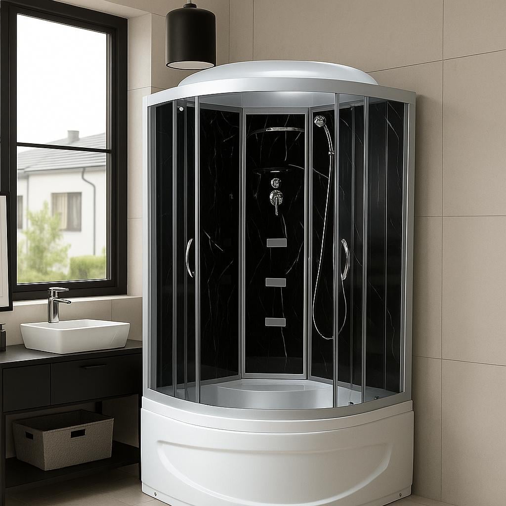 Душевой бокс TKF 100 BG полукруглый поддон 44 см с гидромассажем 100х100x215 см Черный оникс/Сатин (А0045729)