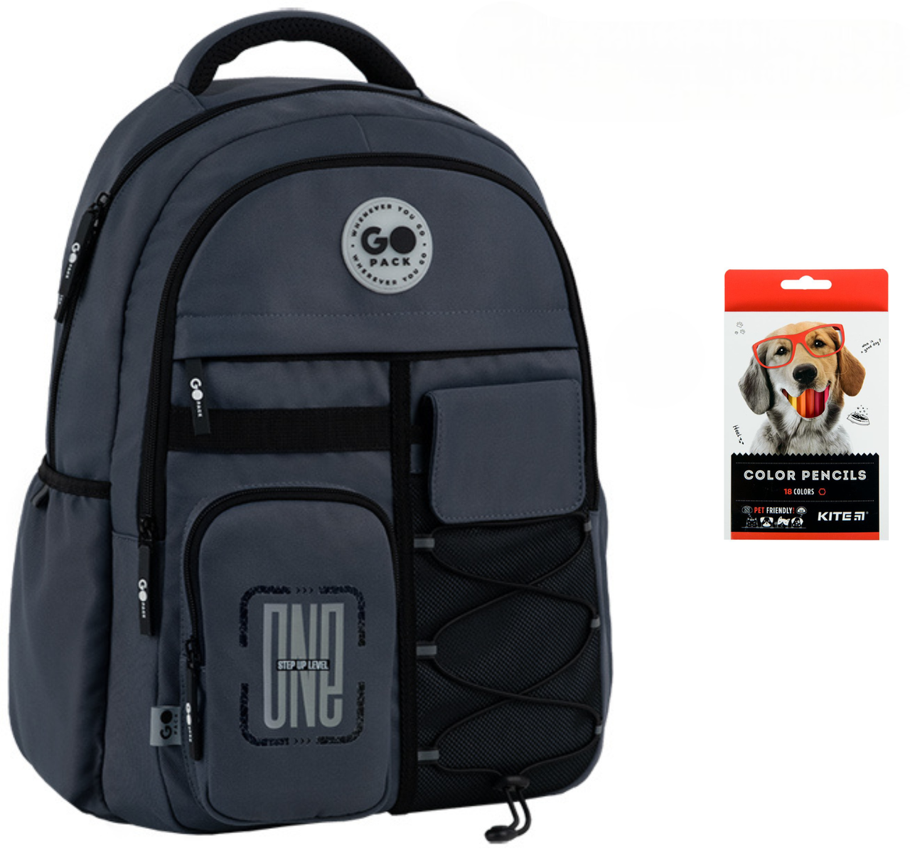 Рюкзак школьный GoPack Education Teens GO26-184L-4 и карандаши KITE 18 цветов Темно-серый (2905030960)