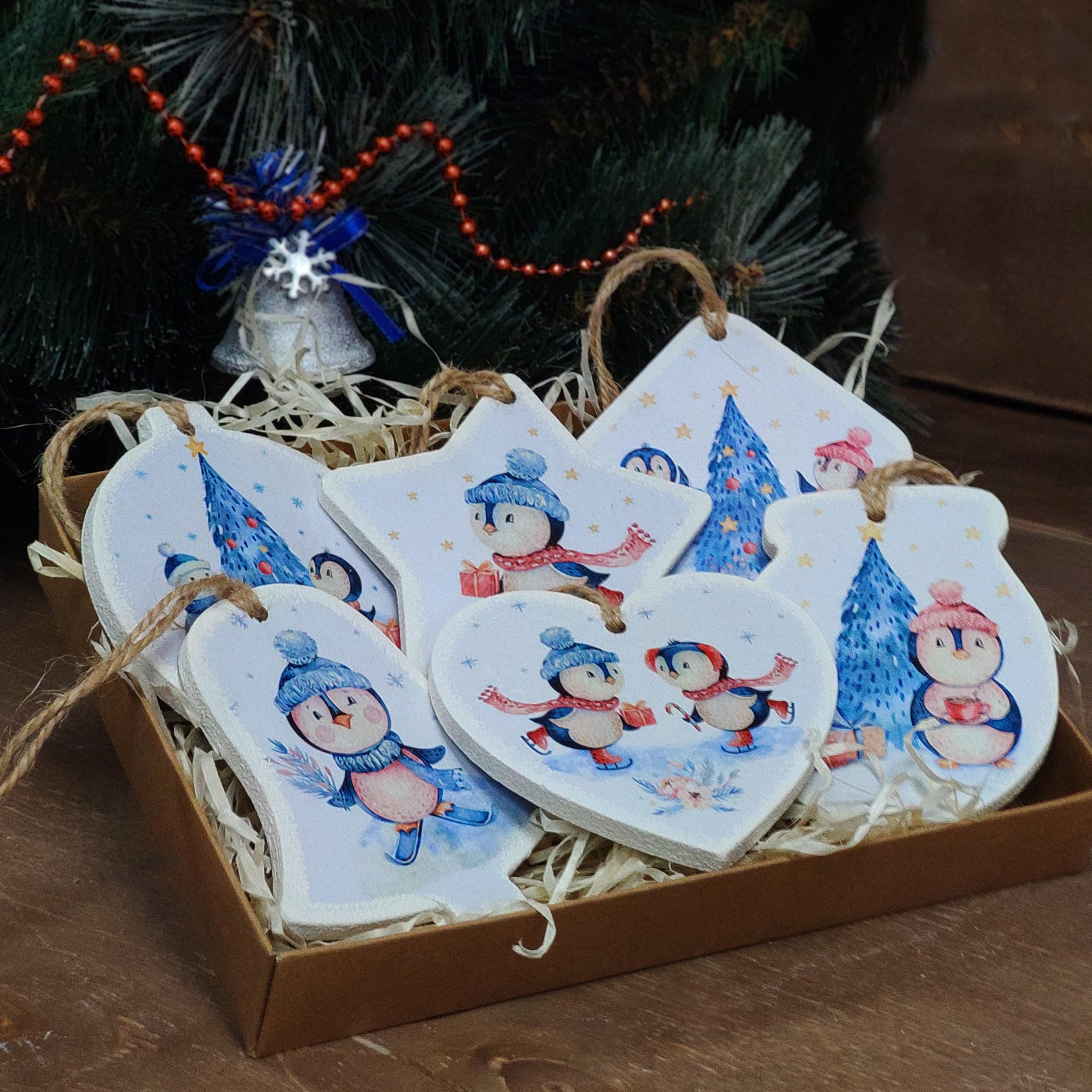 Новогодние игрушки из дерева Пингвины GrayCat 6 шт. 9 см