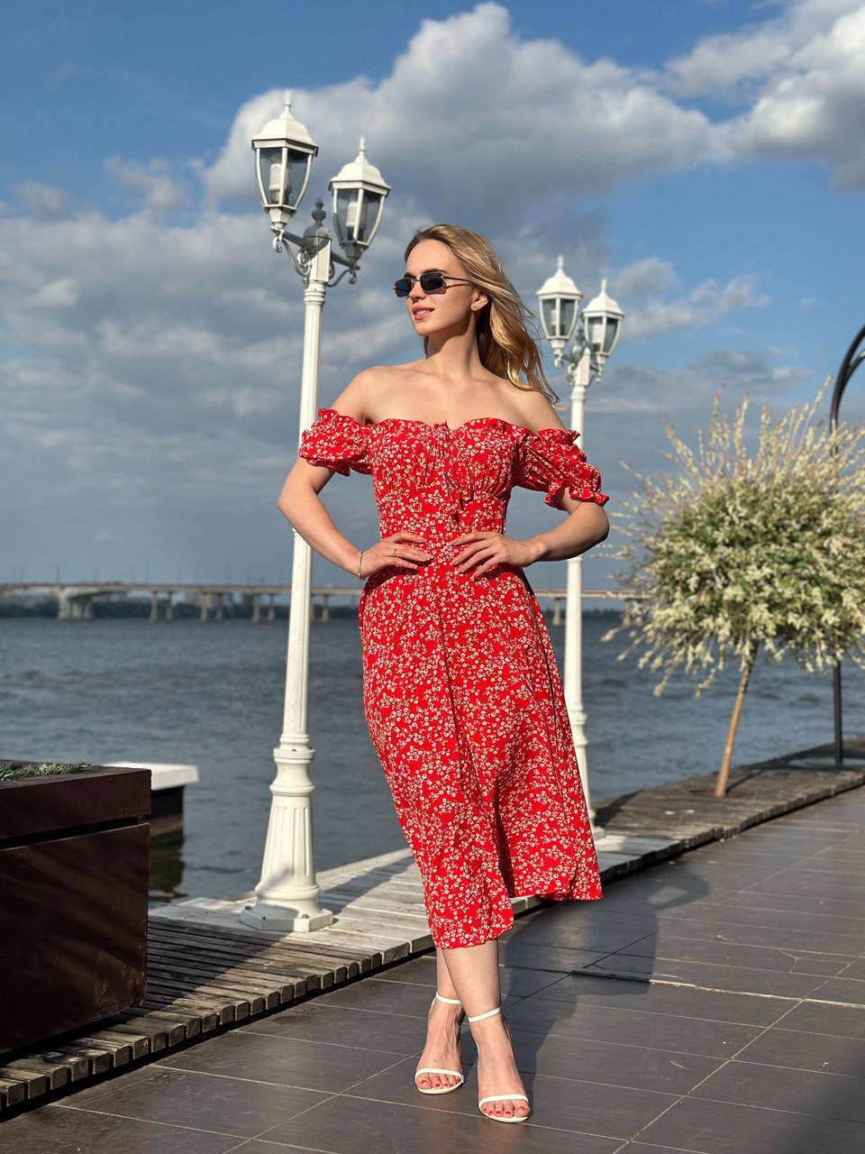 Платье женское меди Maybel софт Красный Цветочный белый принт (2656491062)