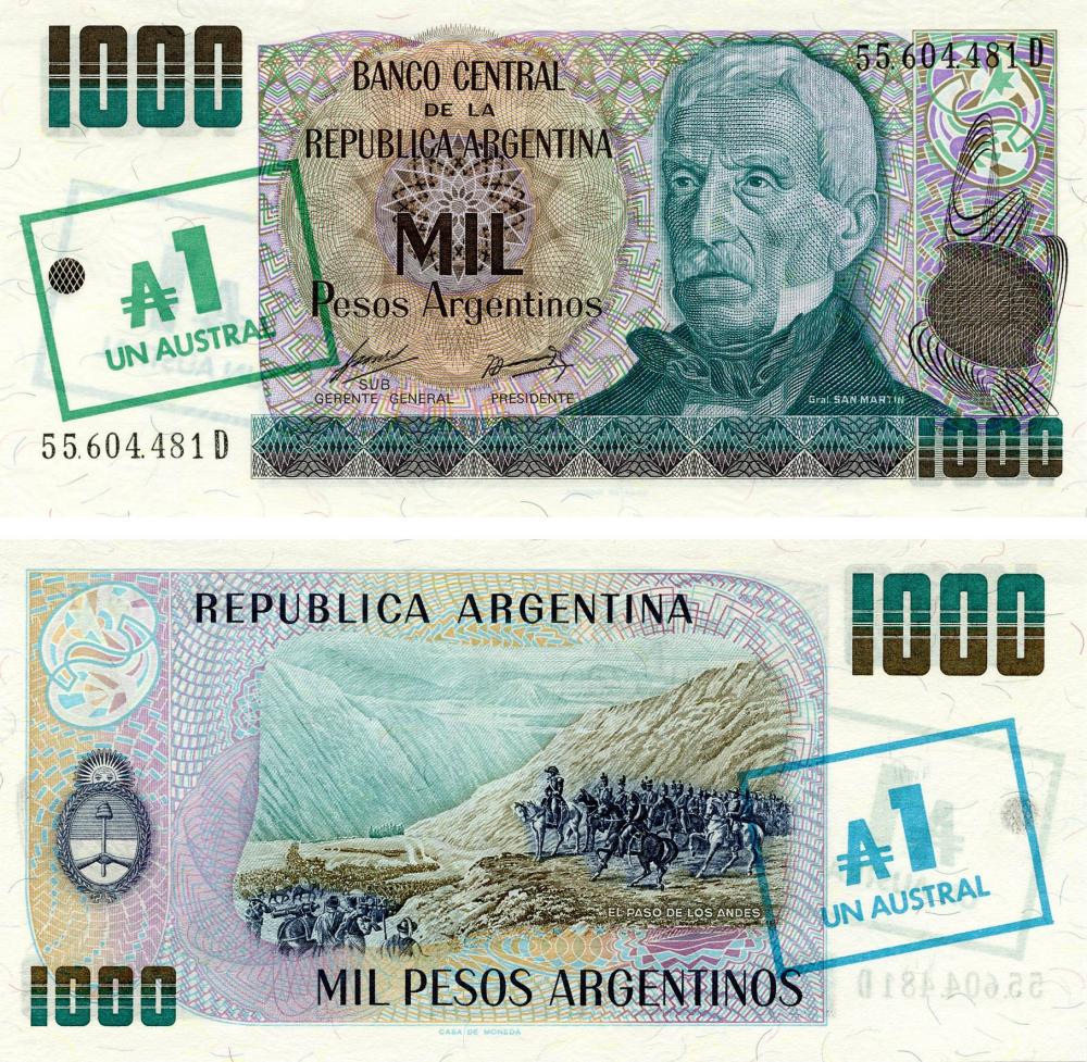 Коллекционная банкнота Аргентина 1 аустраль 1985 UNC Проход через Анды P320 (Б13130)