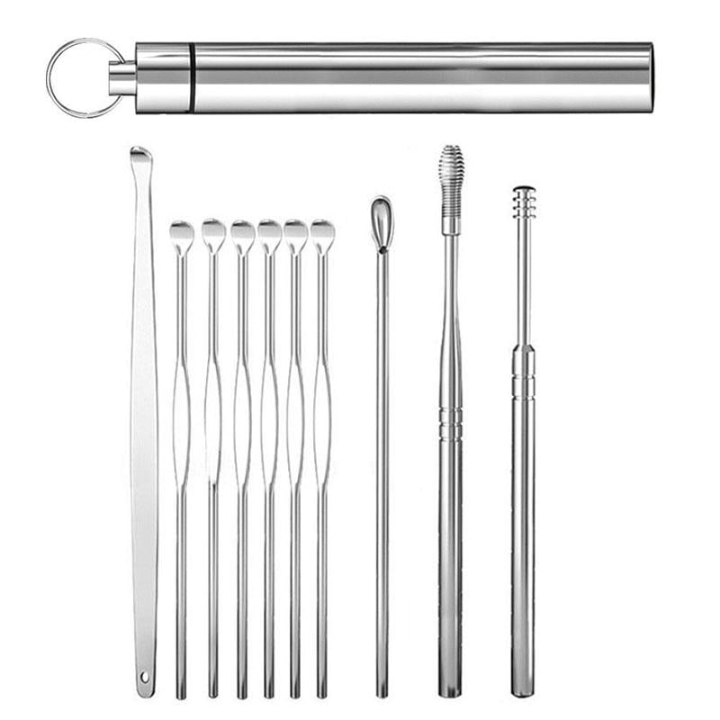 Набор для чистки ушей из нержавеющей стали в контейнере с карабином 10 пр. (U9438)