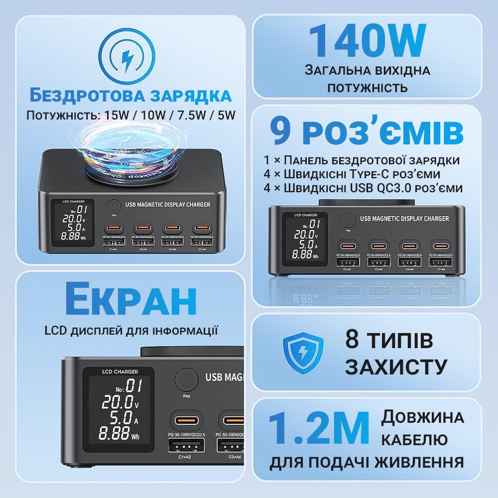 Док-станція зарядна Addap MCS-818DP/4 роз'єми Type-C PD 100 W/4 роз'єми USB QC3.0/бездротова панель 15 W - фото 5