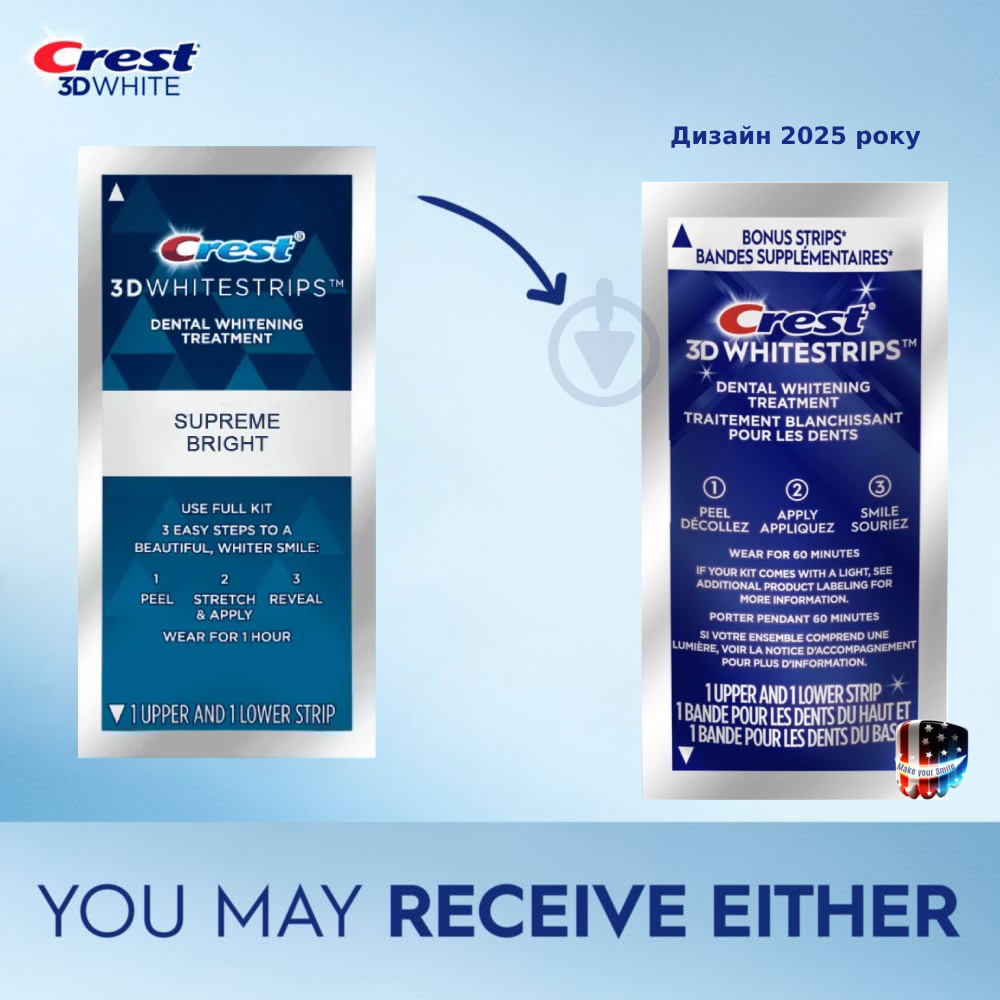 Отбеливающие полоски Crest Supreme Bright/Flex fit Whitestrips 10 пар полосок (3456789567) - фото 3 Отбеливающие полоски Crest Supreme Bright/Flex fit Whitestrips 10 пар полосок (3456789567) - фото 3
