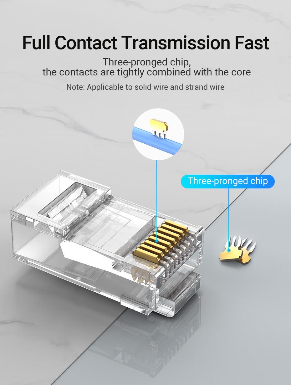 Коннектор RJ45 Vention Cat.6A UTP модульный 8P8C позолоченные контакты 50 шт. Прозрачный (IDGR0-50) - фото 4 Коннектор RJ45 Vention Cat.6A UTP модульный 8P8C позолоченные контакты 50 шт. Прозрачный (IDGR0-50) - фото 4