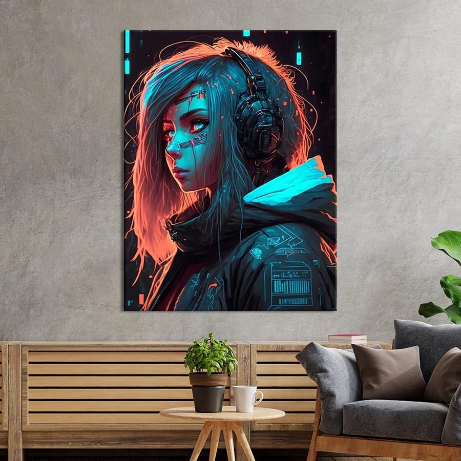 Настенний декор Девушка в наушниках киберпанк 80x60 см (YA-106)