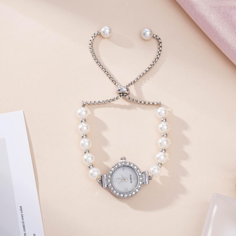 Наручний кварцовий годинник з регульованим браслетом із перлин та стразами Сріблястий (2690598356) - фото 4 Наручний кварцовий годинник з регульованим браслетом із перлин та стразами Сріблястий (2690598356) - фото 4