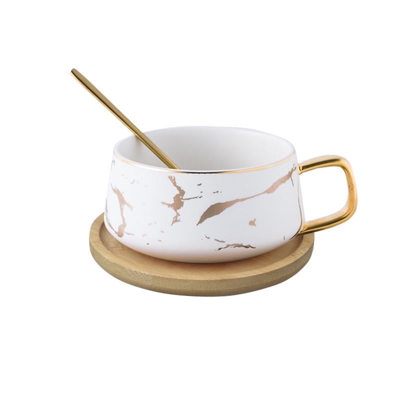 Чашка Lesko A2024 Мрамор с бамбуковым блюдцем и золотой ложкой 250 мл White (24366681)