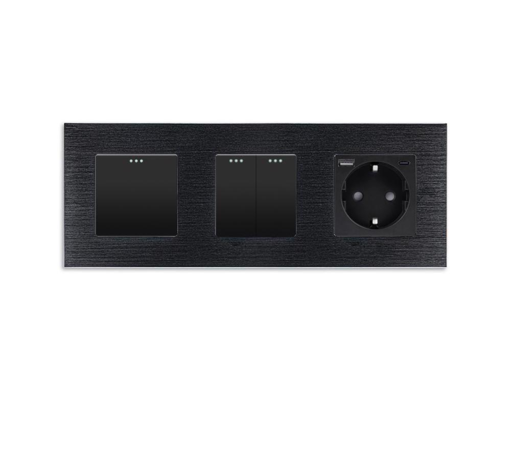 Выключатель проходной универсальный WALLPAD 3-клавишный 1-2 с розеткой USB A+C 20Вт с заземлением алюминий Черный
