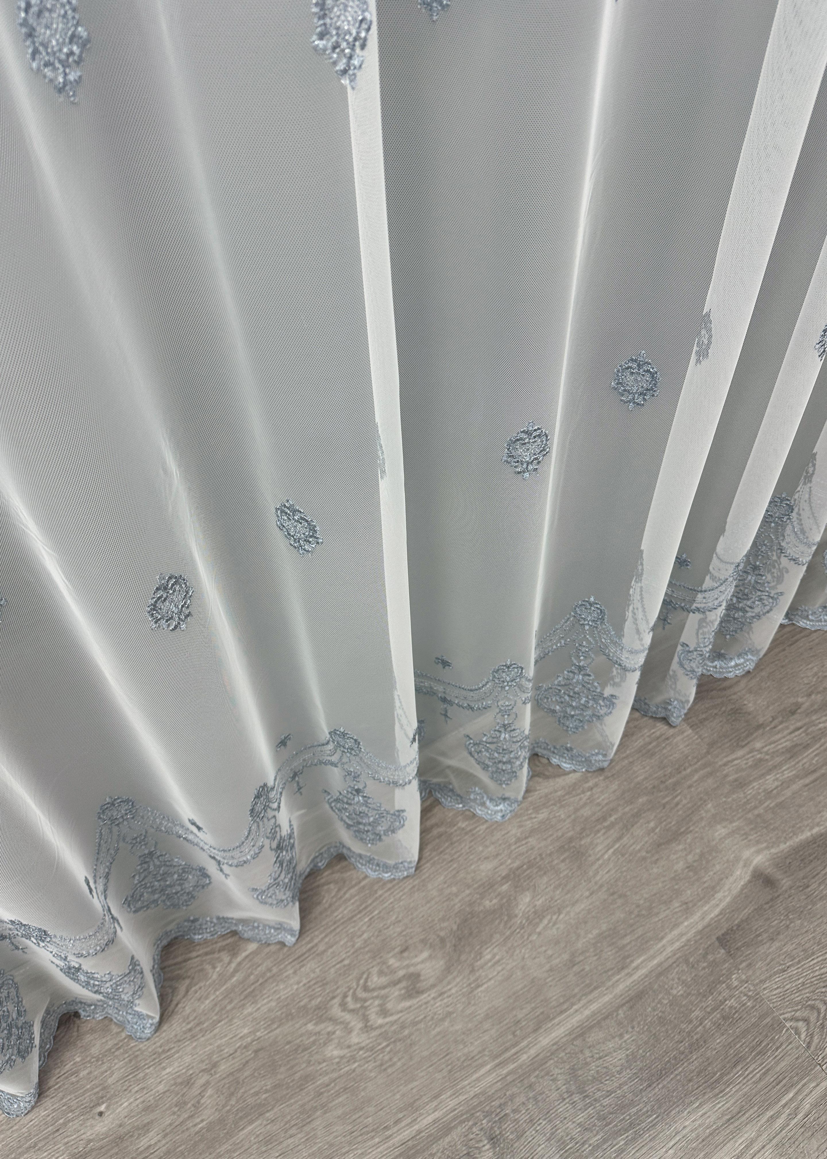 Тюль VR-Textil 1657т Грек-сітка з вишивкою та люрексом 300х270 см Молочний/Сіро-блакитний (42-0661) - фото 9