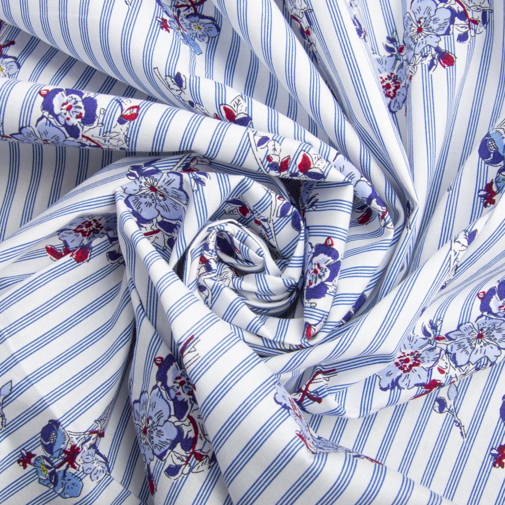 Ткань поплин стрейч R Цветы Полоса (24015)