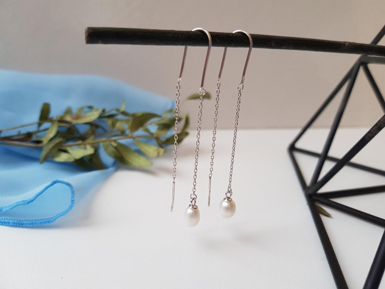 Серьги протяжки цепочка с белой жемчужиной 925 (с2ж/4022) (проба) Серьги протяжки цепочка с белой жемчужиной 925 (с2ж/4022) (проба)