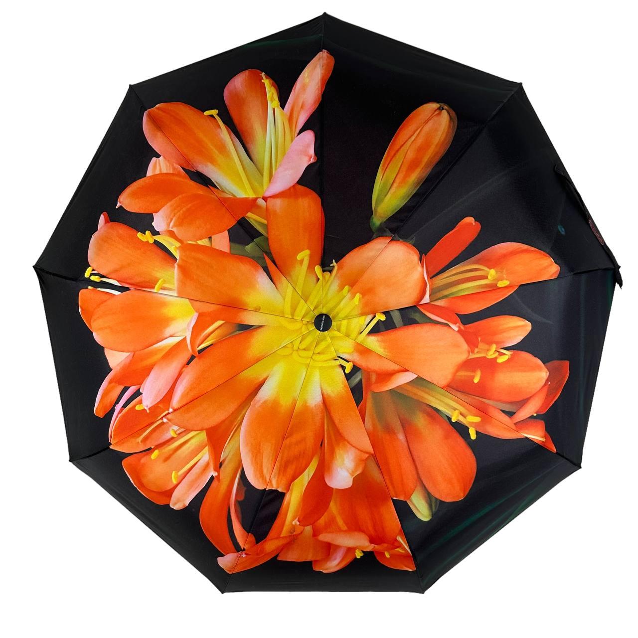 Зонт женский автомат Rain Flower в подарочной упаковке с платком Черный с оранжевым цветком (01020-1) - фото 3