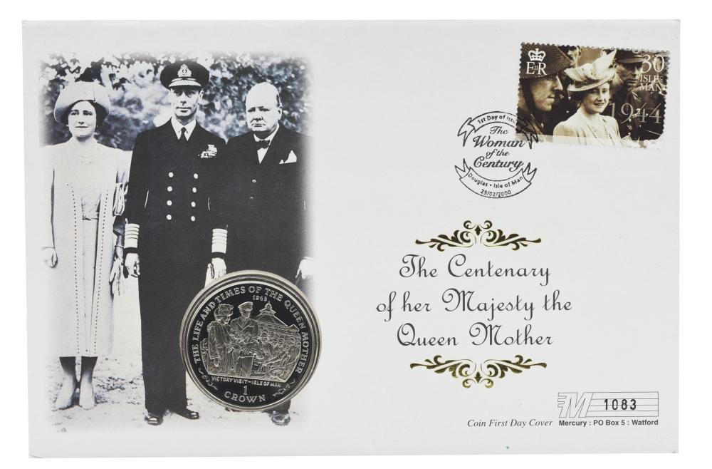 Коллекционная монета Остров Мэн 1 крона 2000 Жизнь королевы-матери Визит Победы в 1945 году UNC (KM#1029)