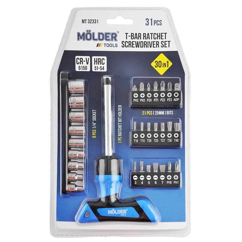 Отвертка Molder Т-образная реверсивная с комплектом насадок 30в1