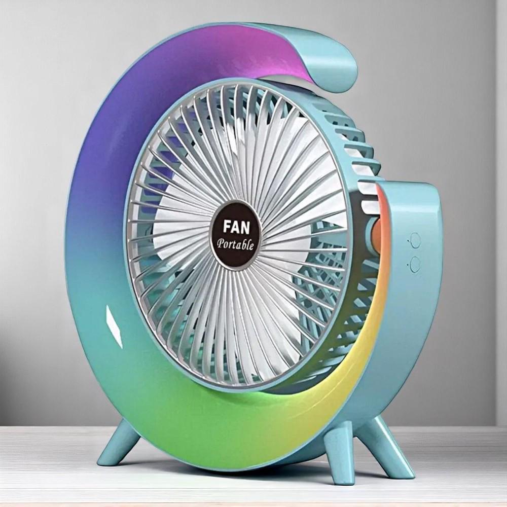 Вентилятор настольный аккумуляторный с LED подсветкой USB 3 скорости 24x24 см Голубой