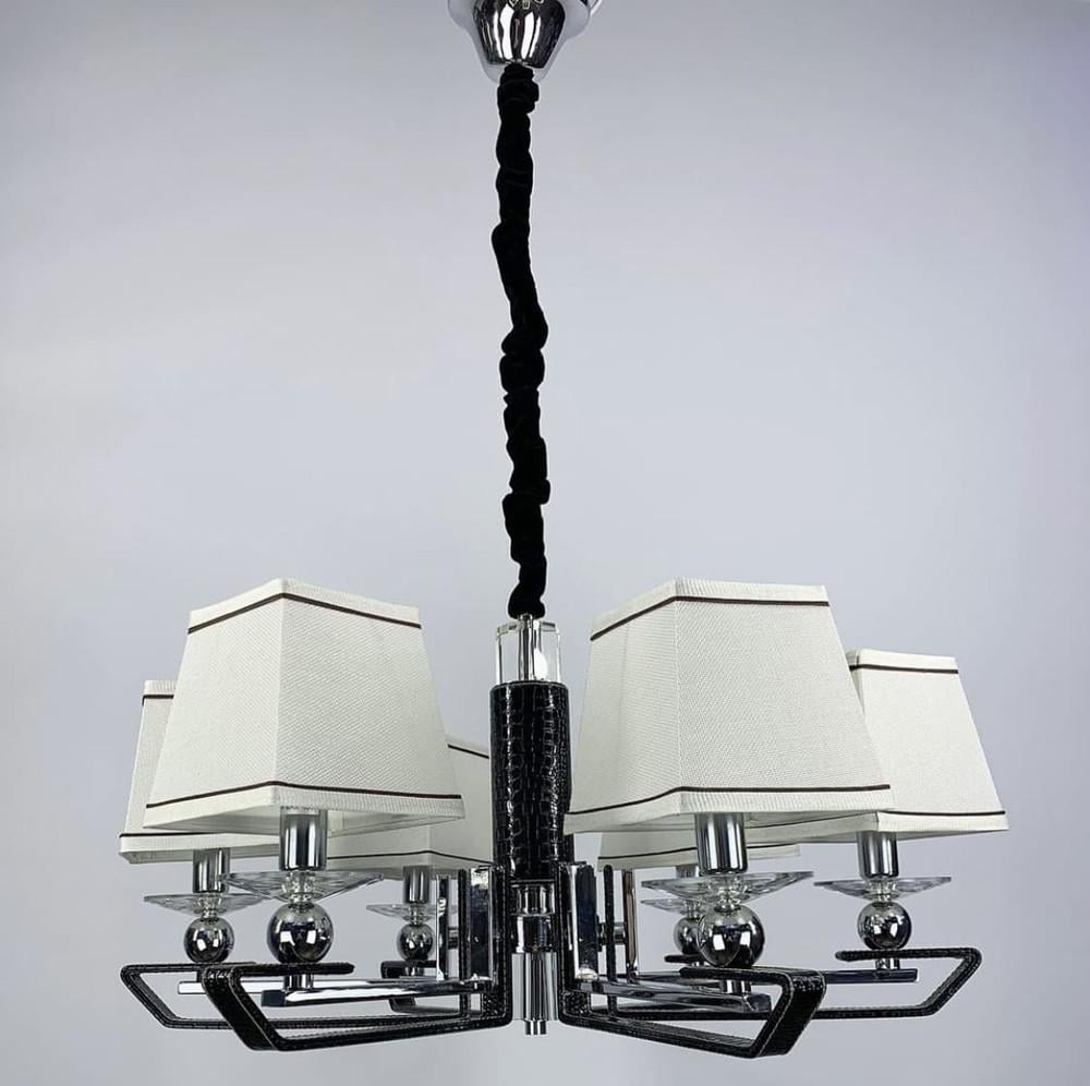 Люстра с экокожией на 6 абажуров Черный/Хром/Белый (S1449/6 BK)