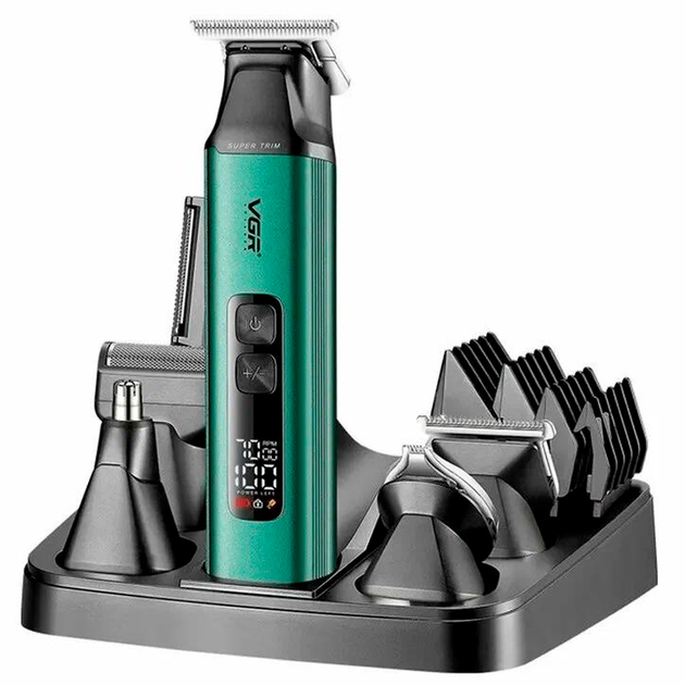Набір для стрижки VGR V-117 RED 6в1 волосся/бороди/вусів 14 насадок LED-дисплей Зелений (ML-04852)