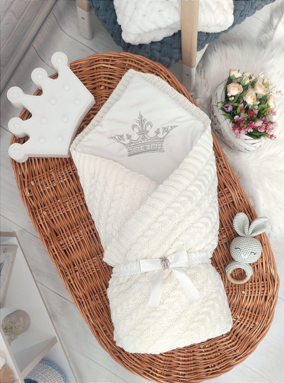 Конверт-плед на выписку Корона бант-резинка в кроватку/коляску 80х80 см Белый (Конверт вязка корона7)