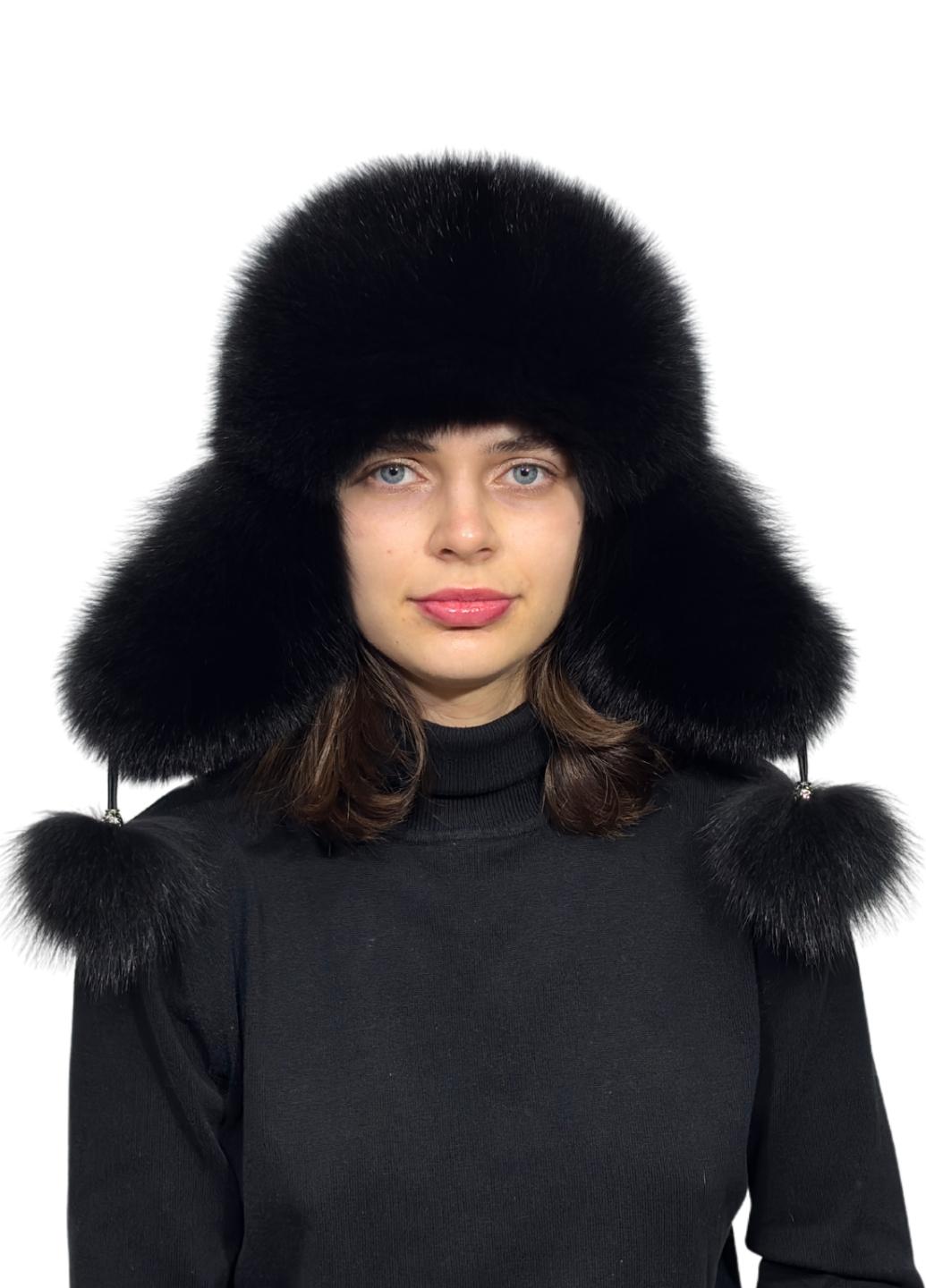 Женская шапка Меховой стиль Ушанка из натурального меха песца XL-XXL Черный (401/C)