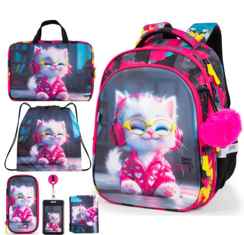 Ортопедический школьный рюкзак 6 в 1 для девочки School Standard 38х30х18 см с Котиком в 1 класс (SET 150-31)