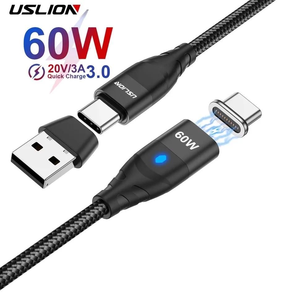 Кабель магнитный Uslion 2в1 Type-C-Type-C/Usb-a-Type-c PD 60w Fast Charge 1 м Black (25397364) - фото 9